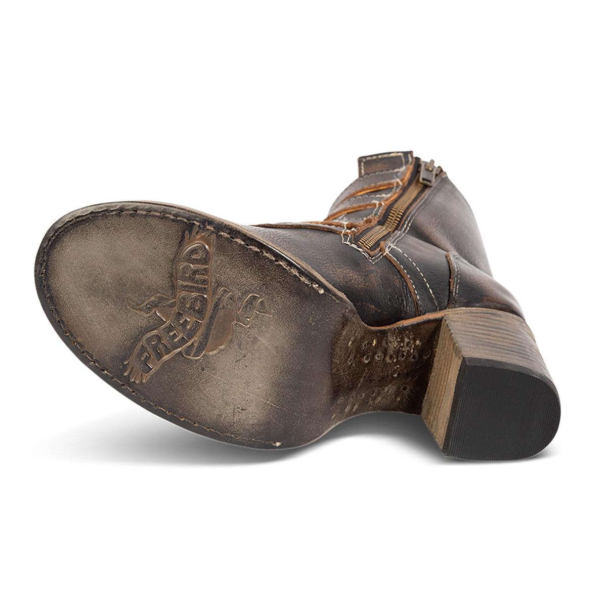 Leather sole imprinted with FREEBIRD on women's Belladonna black western bootie