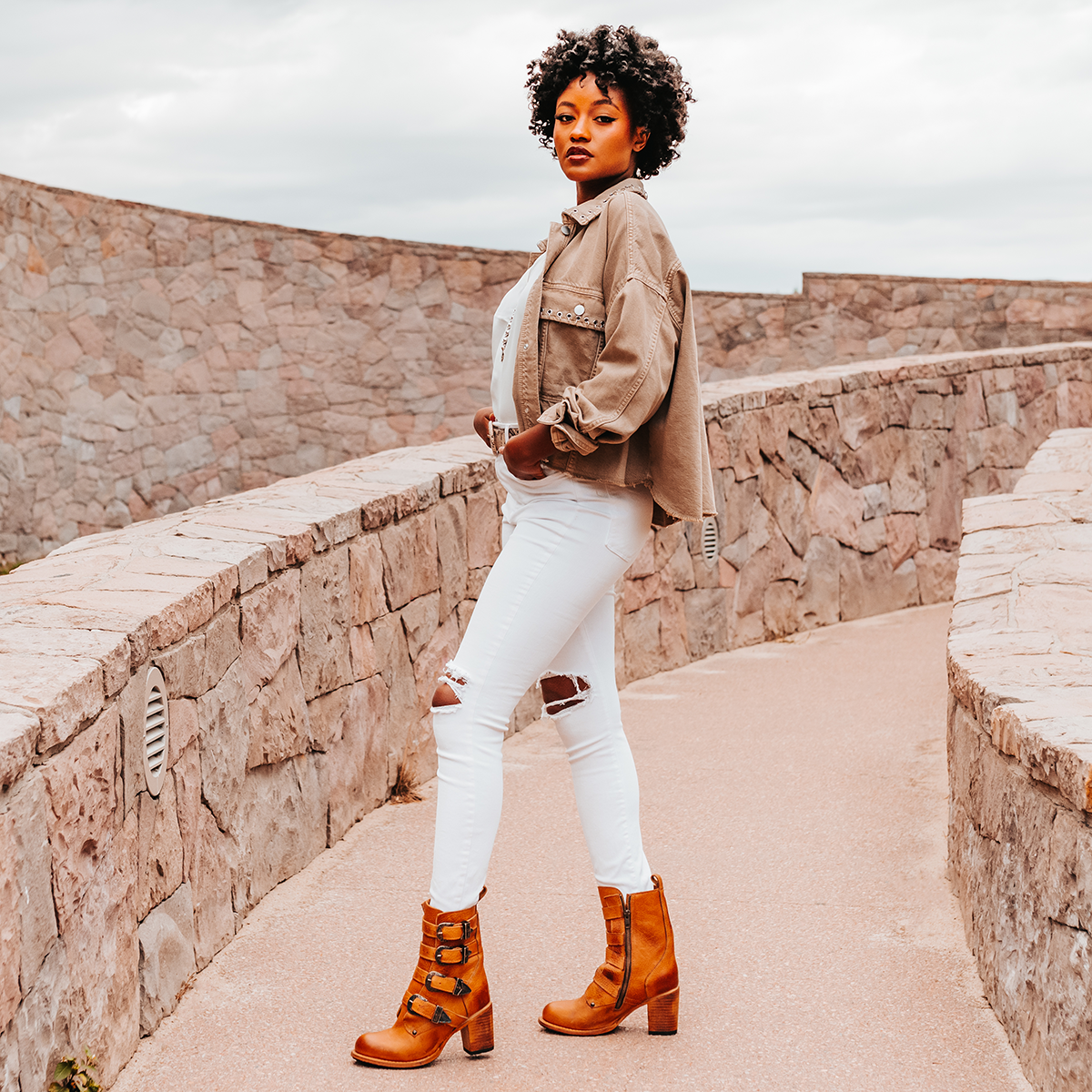 FREEBIRD women's Belladonna wheat western buckle bootie with tall heel and round toe lifestyle