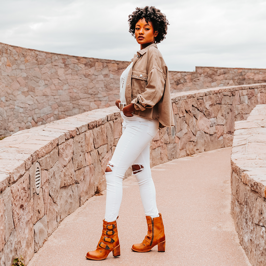 FREEBIRD women's Belladonna wheat western buckle bootie with tall heel and round toe lifestyle