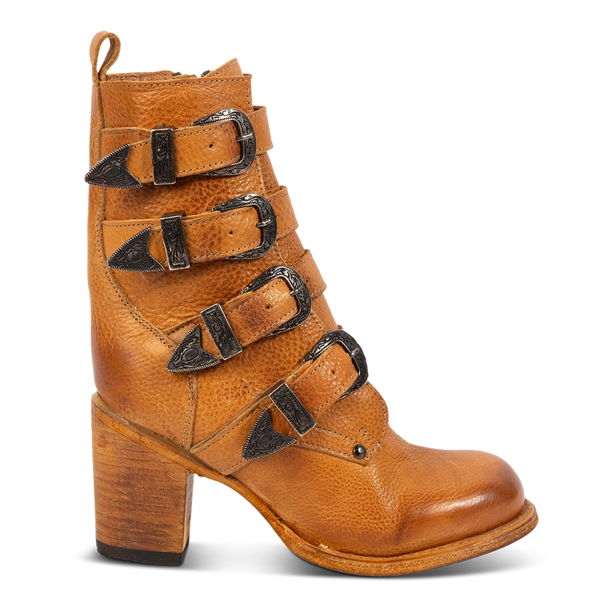 FREEBIRD women's Belladonna wheat western buckle bootie with tall heel and round toe