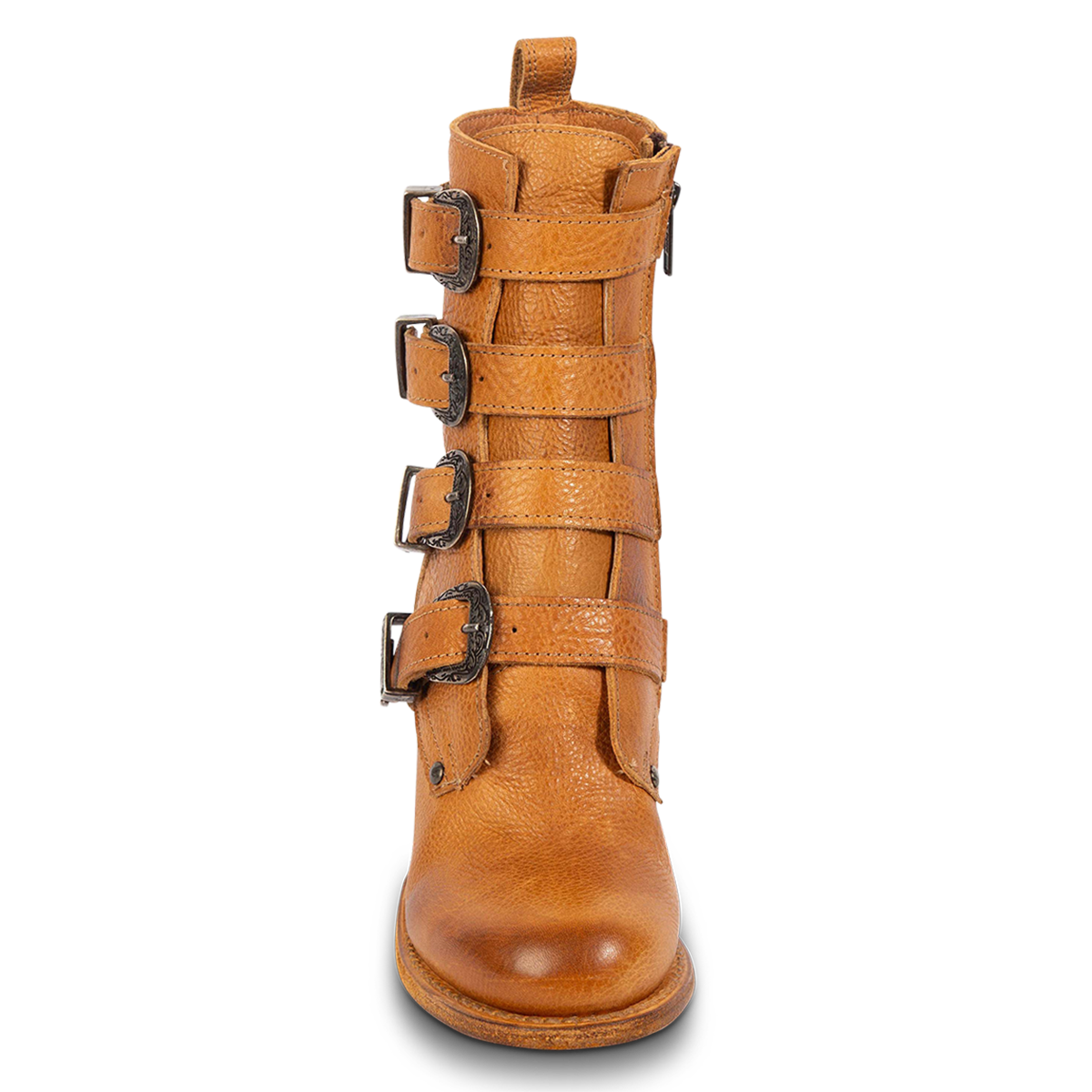Front view showing four buckle straps on FREEBIRD women's Belladonna wheat western round toe bootie