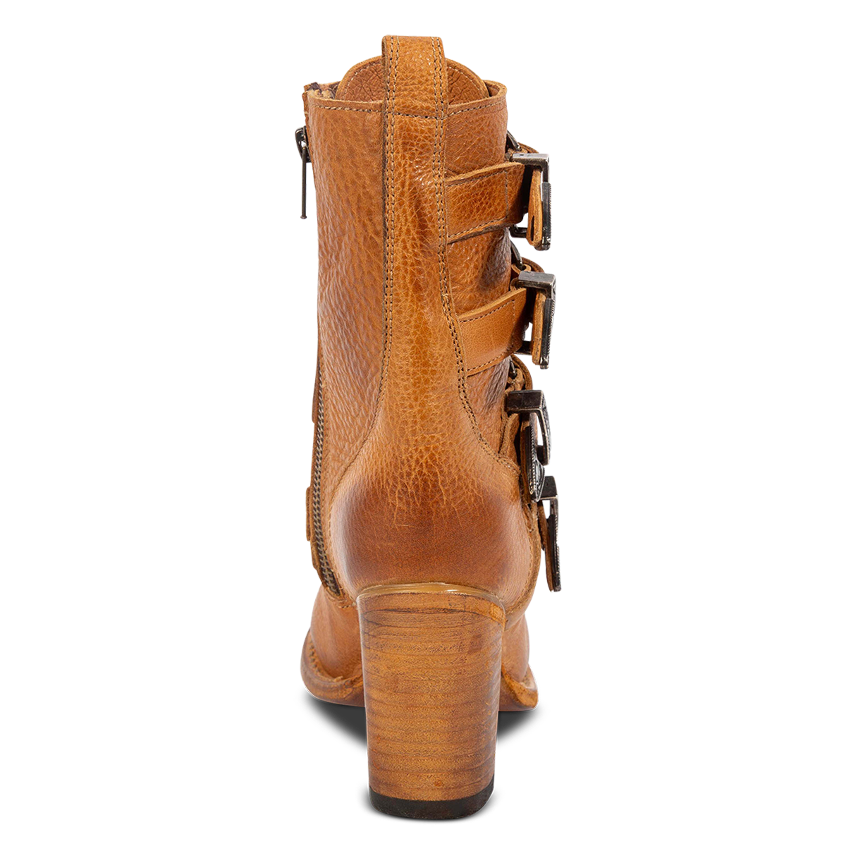 Back view showing tall heel on FREEBIRD women's Belladonna wheat western round toe bootie