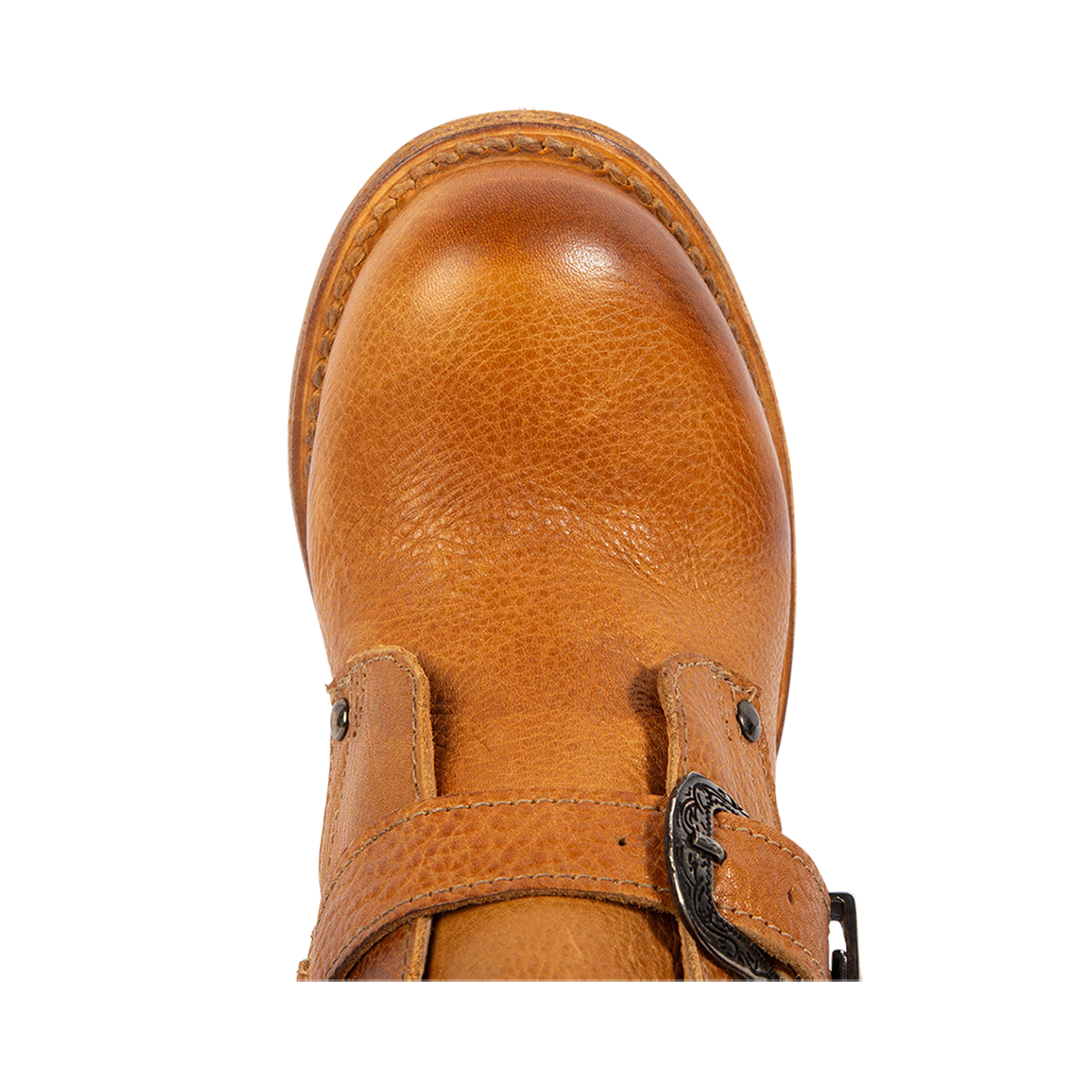 Top view showing round heel on FREEBIRD women's Belladonna wheat western bootie