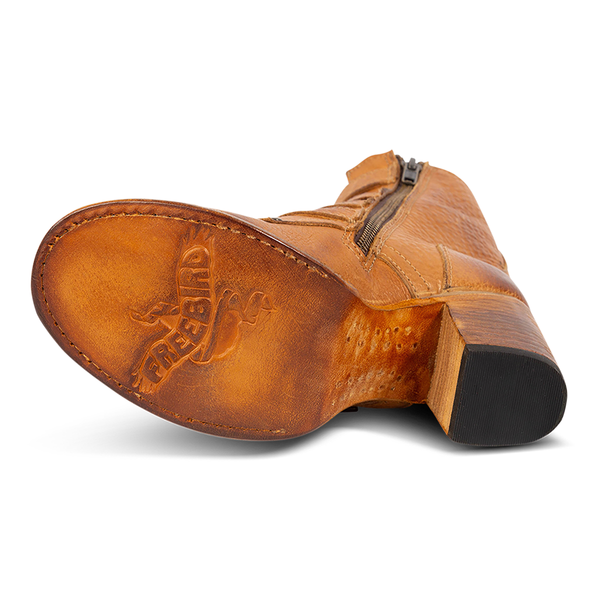 Leather sole imprinted with FREEBIRD on women's Belladonna wheat western bootie