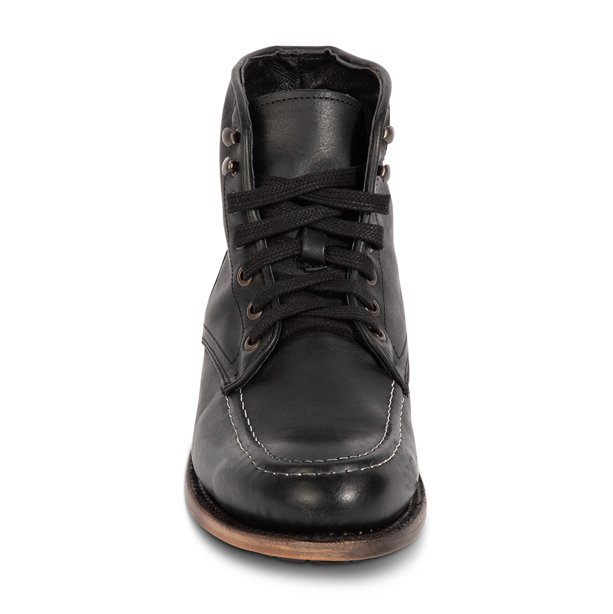 Front view showing leather tongue construction and adjustable leather lace closure on FREEBIRD men's Benning black boot