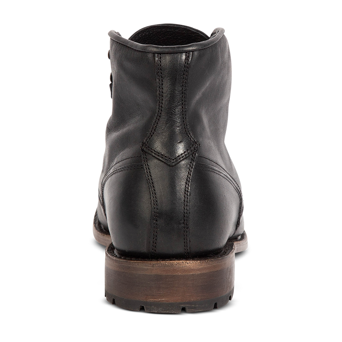 Back view showing stitch detailing and leather tread sole on FREEBIRD men's Benning black boot