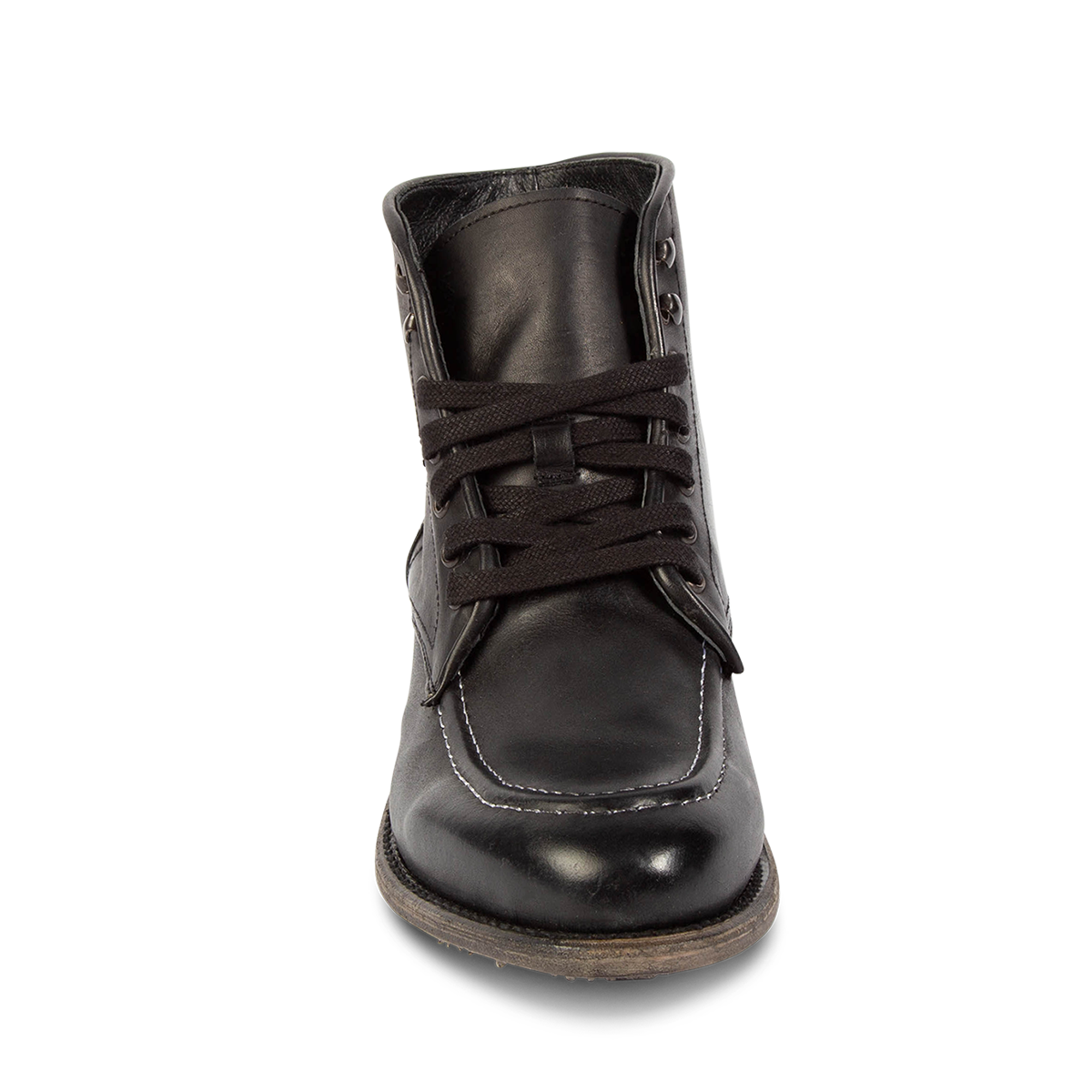 Front view showing leather tongue construction and adjustable leather lace closure on FREEBIRD men's Benning black boot