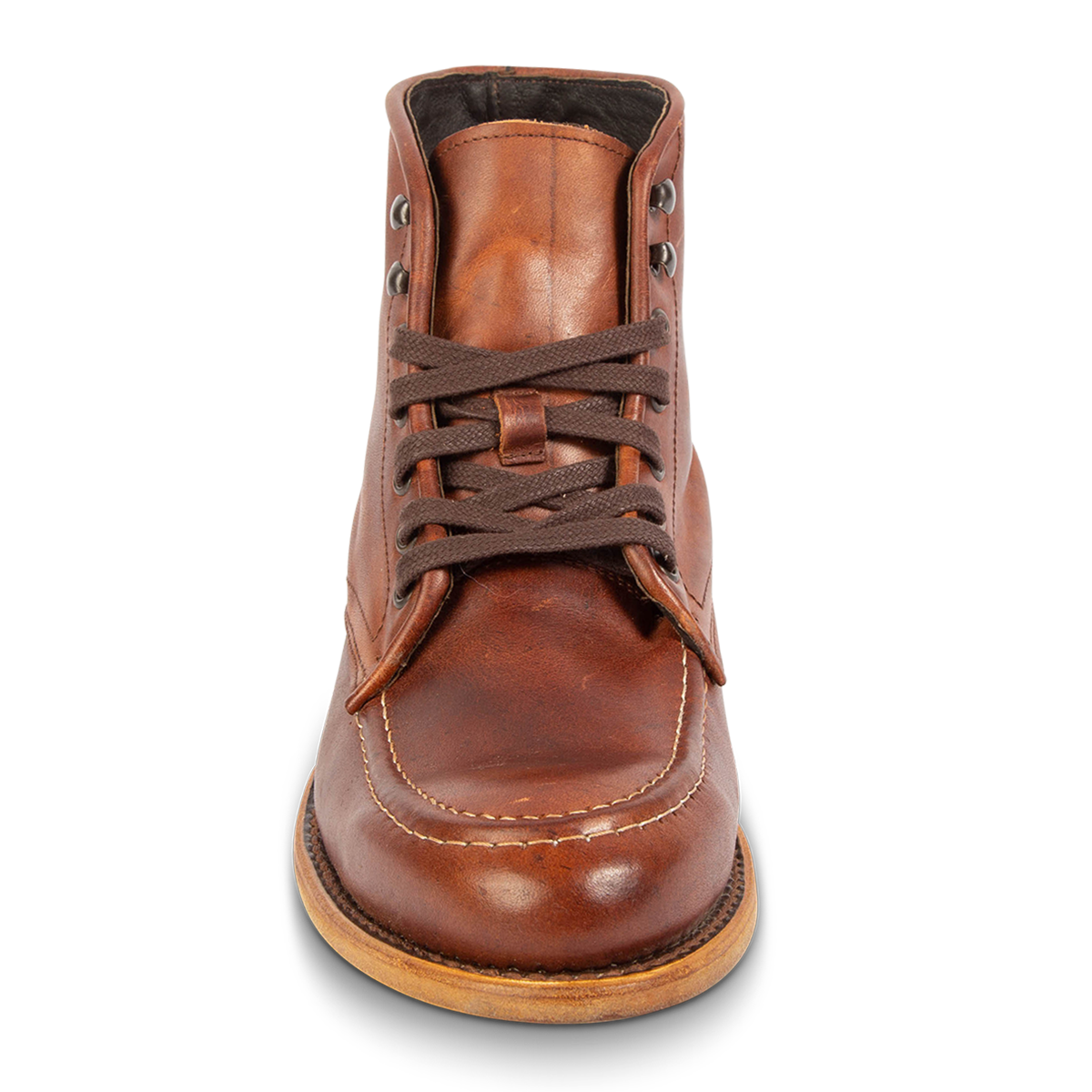 Front view showing leather tongue construction and adjustable leather lace closure on FREEBIRD men's Benning cognac boot