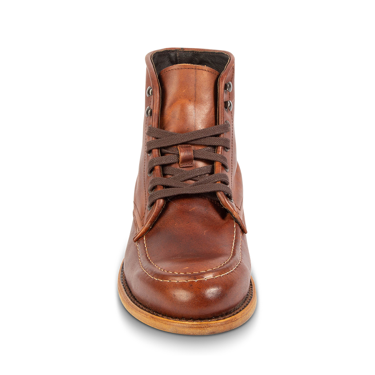 Front view showing leather tongue construction and adjustable leather lace closure on FREEBIRD men's Benning cognac boot