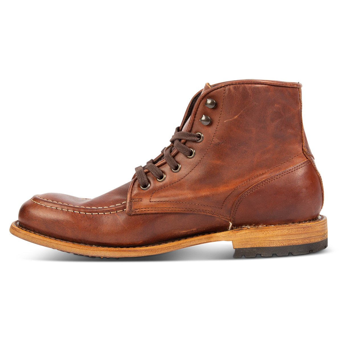 Inside view showing leather body and leather tread sole on FREEBIRD men's Benning cognac boot