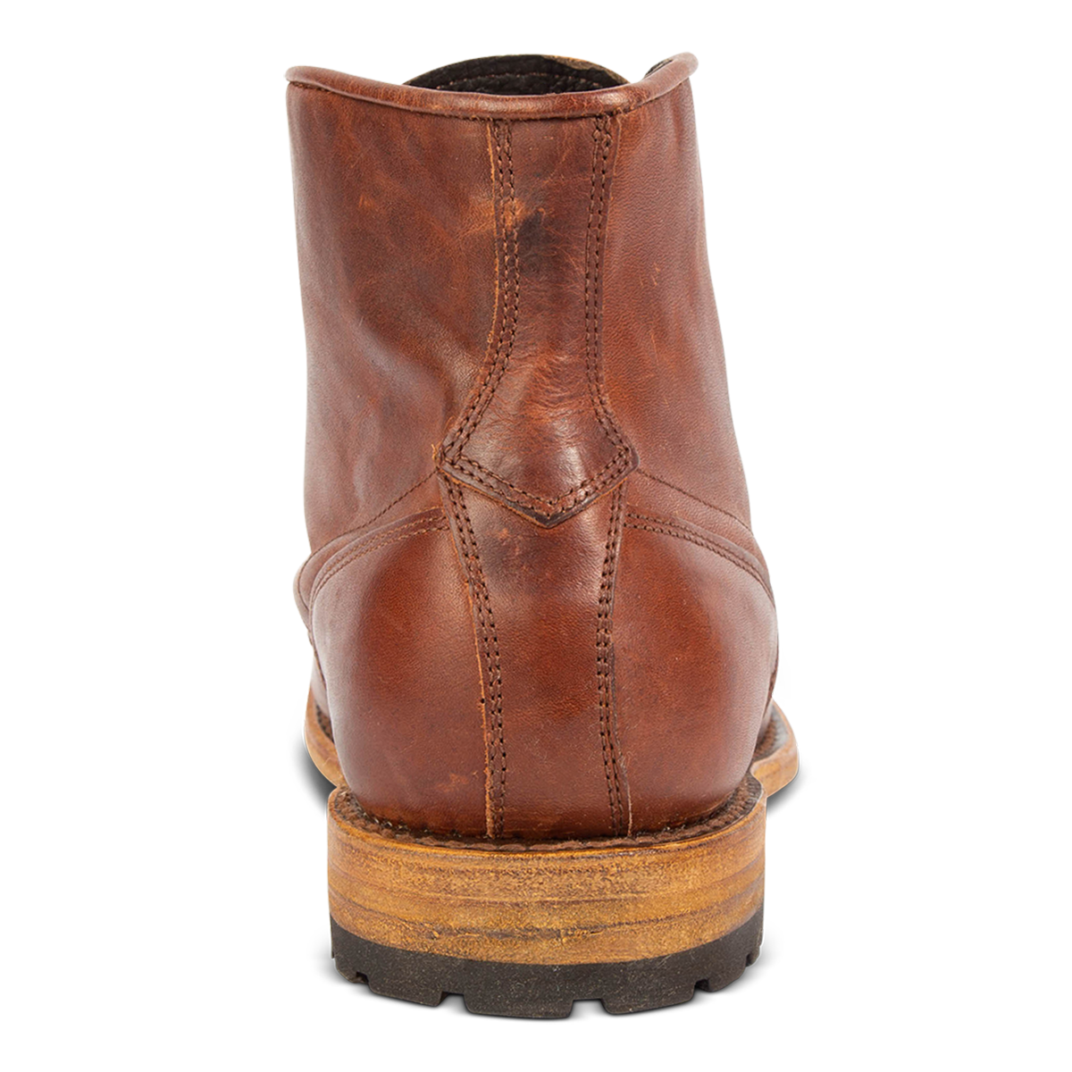 Back view showing stitch detailing and leather tread sole on FREEBIRD men's Benning cognac boot