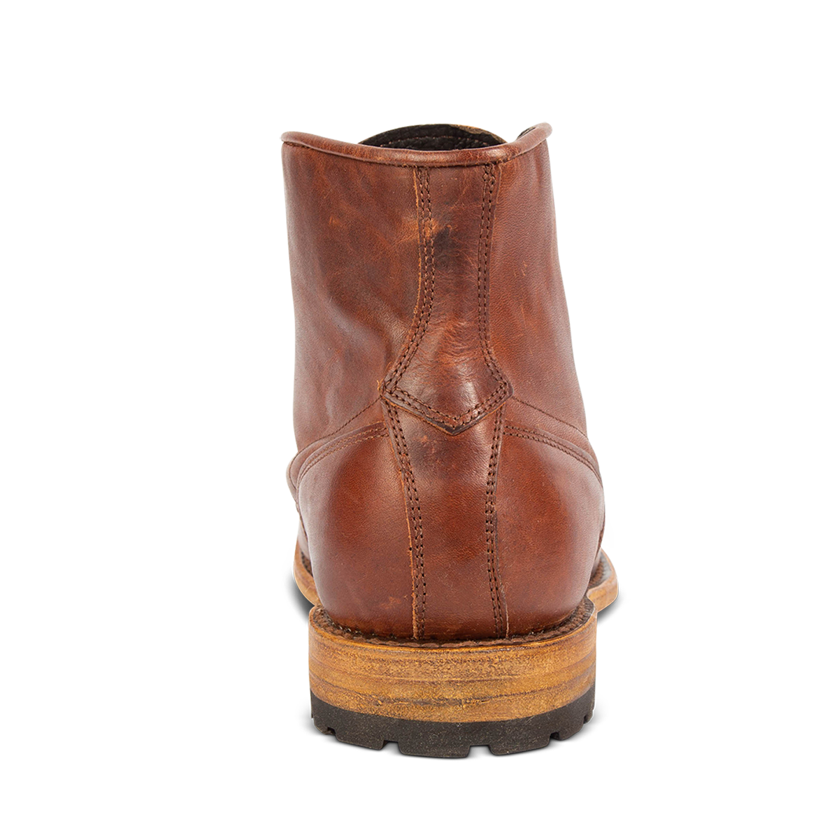 Back view showing stitch detailing and leather tread sole on FREEBIRD men's Benning cognac boot