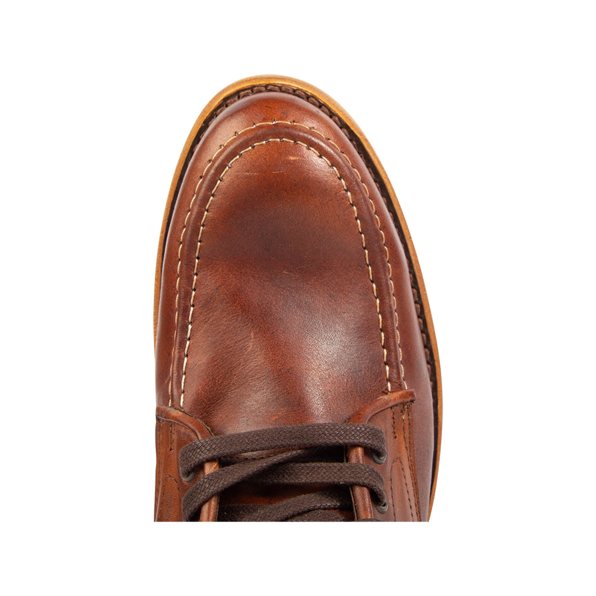 Top view showing stitch detailing and laces on FREEBIRD men's Benning cognac boot