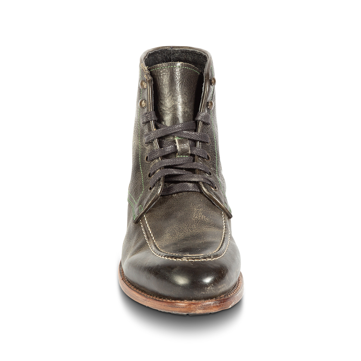 Front view showing leather tongue construction and adjustable leather lace closure on FREEBIRD men's Benning olive boot