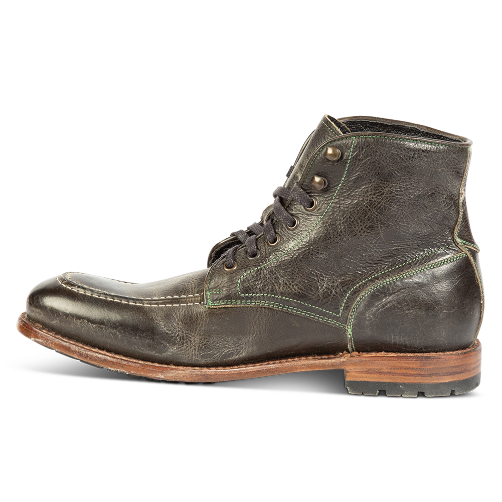 Inside view showing FREEBIRD men's Benning olive front lace closure boot with tread sole