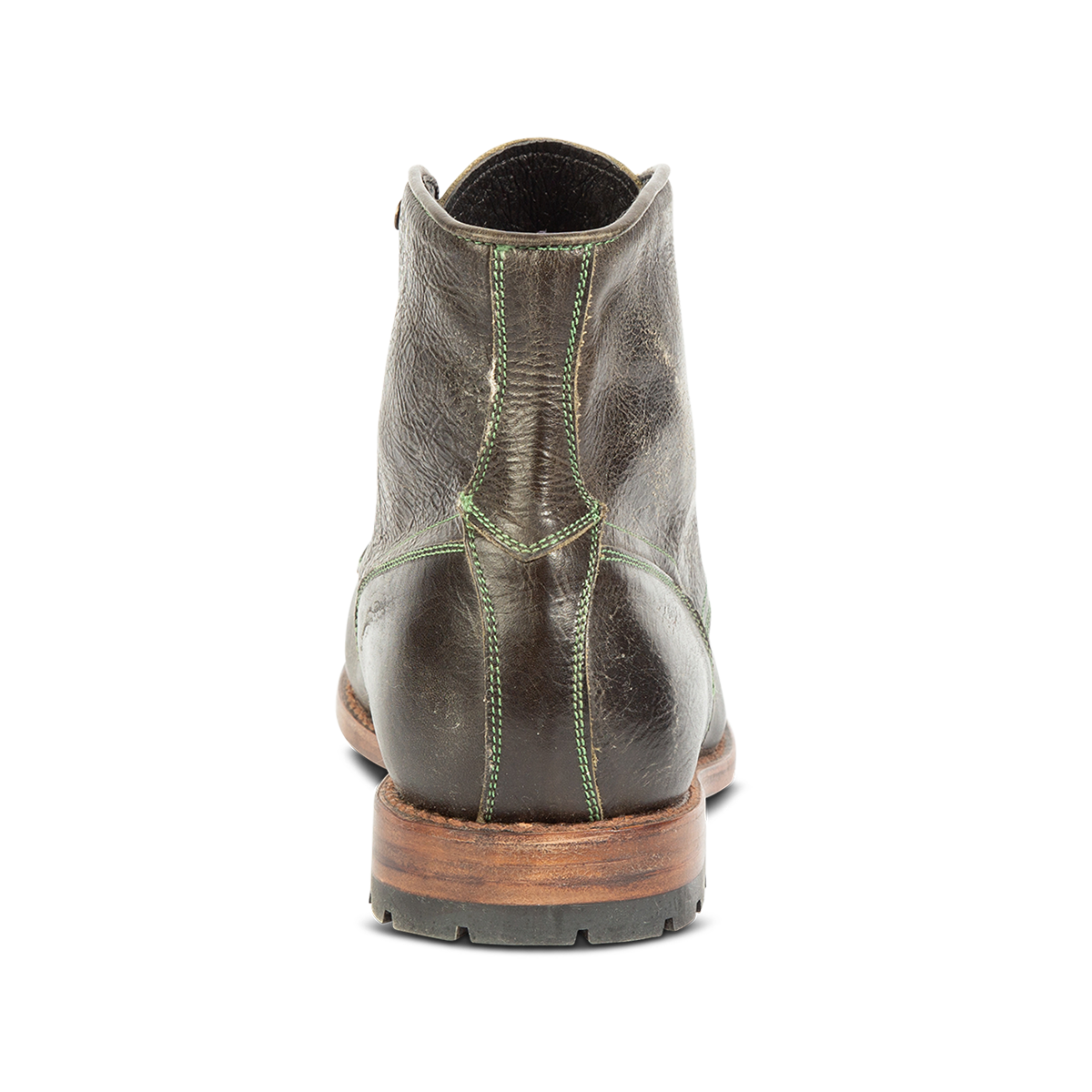 Back view showing stitch detailing and leather tread sole on FREEBIRD men's Benning olive boot