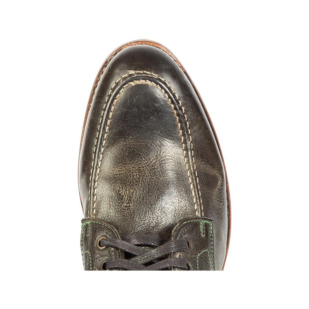 Top view showing an almond toe construction on FREEBIRD men's benning olive leather boot