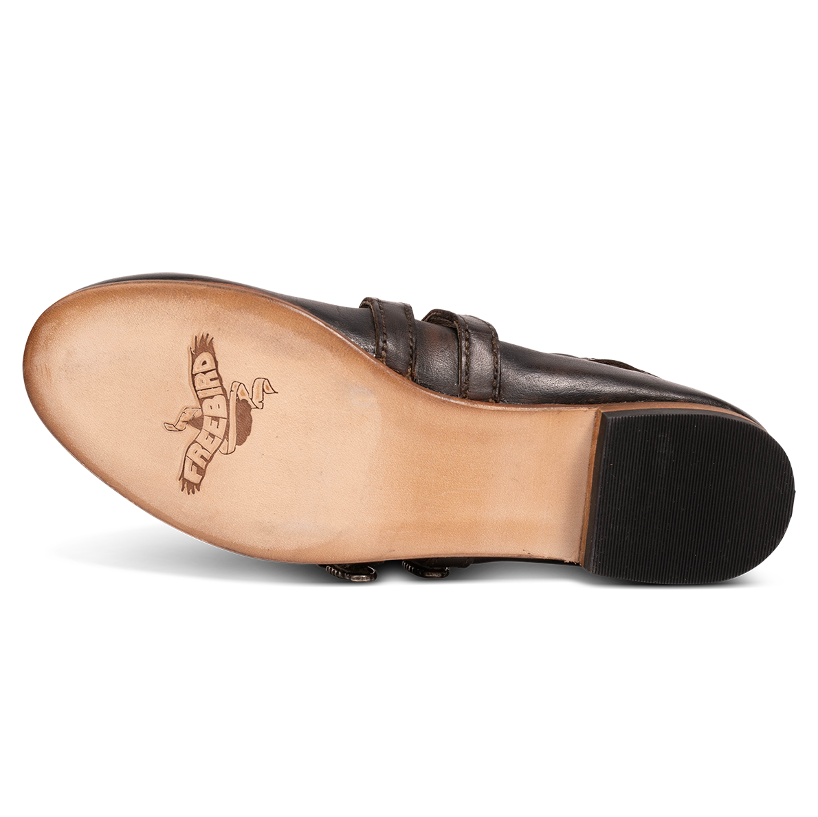 Leather sole imprinted with FREEBIRD on women's Bentley brown ballet flat shoe with buckles and round toe
