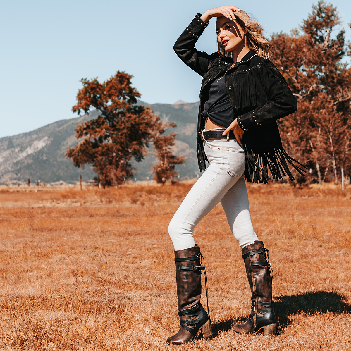 FREEBIRD women's Berkley black knee high boot with contrasting buckles lifestyle