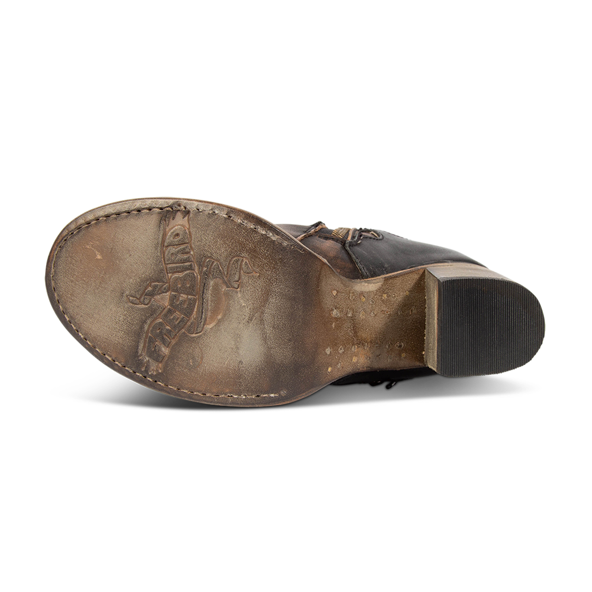 Leather sole imprinted with FREEBIRD on women's Berkley black knee high boot