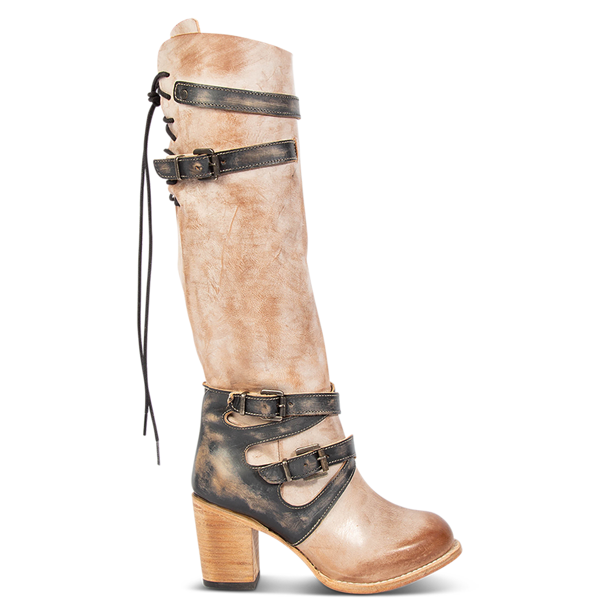 FREEBIRD women's Berkley taupe knee high boot with contrasting buckles