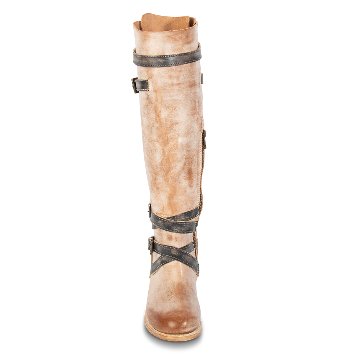 Front view showing leather straps on FREEBIRD women's Berkley taupe knee high boot