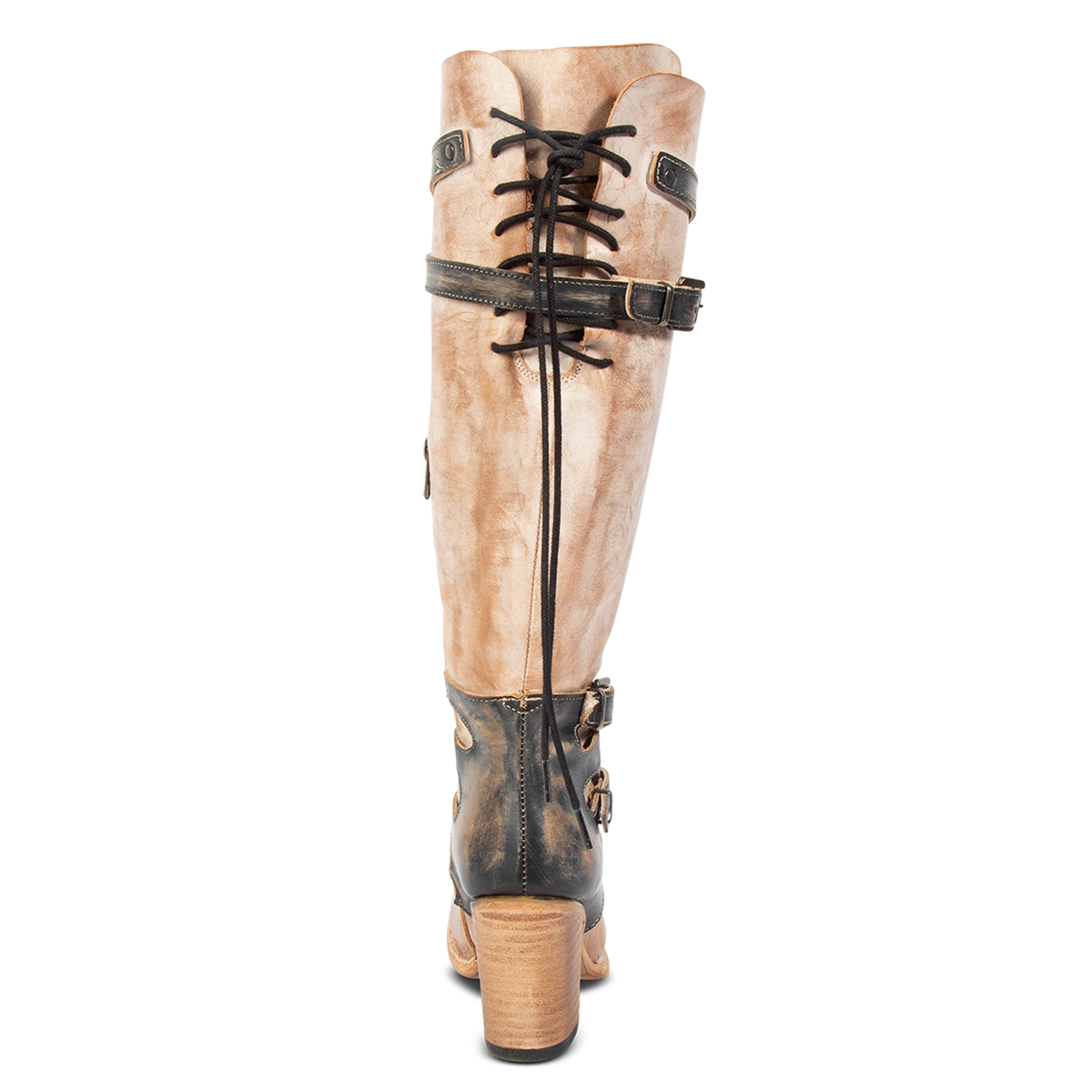 Back view showing lacing panel on FREEBIRD women's Berkley taupe knee high boot