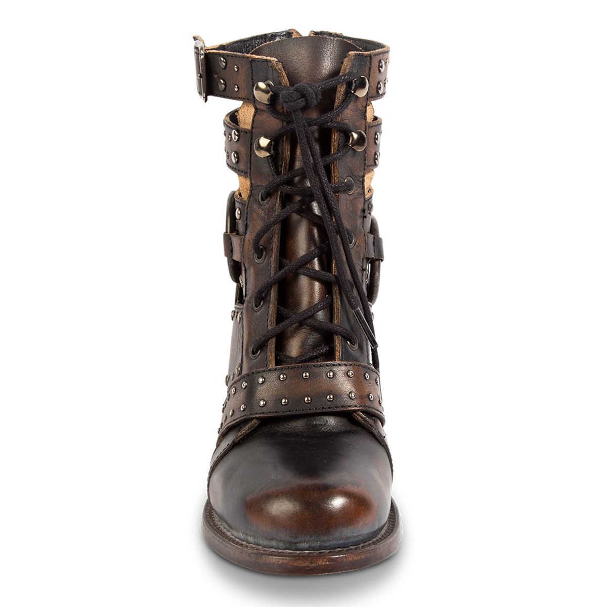 Front view showing FREEBIRD women's Birch black leather bootie with adjustable front tie lacing, embossed studs and round toe construction