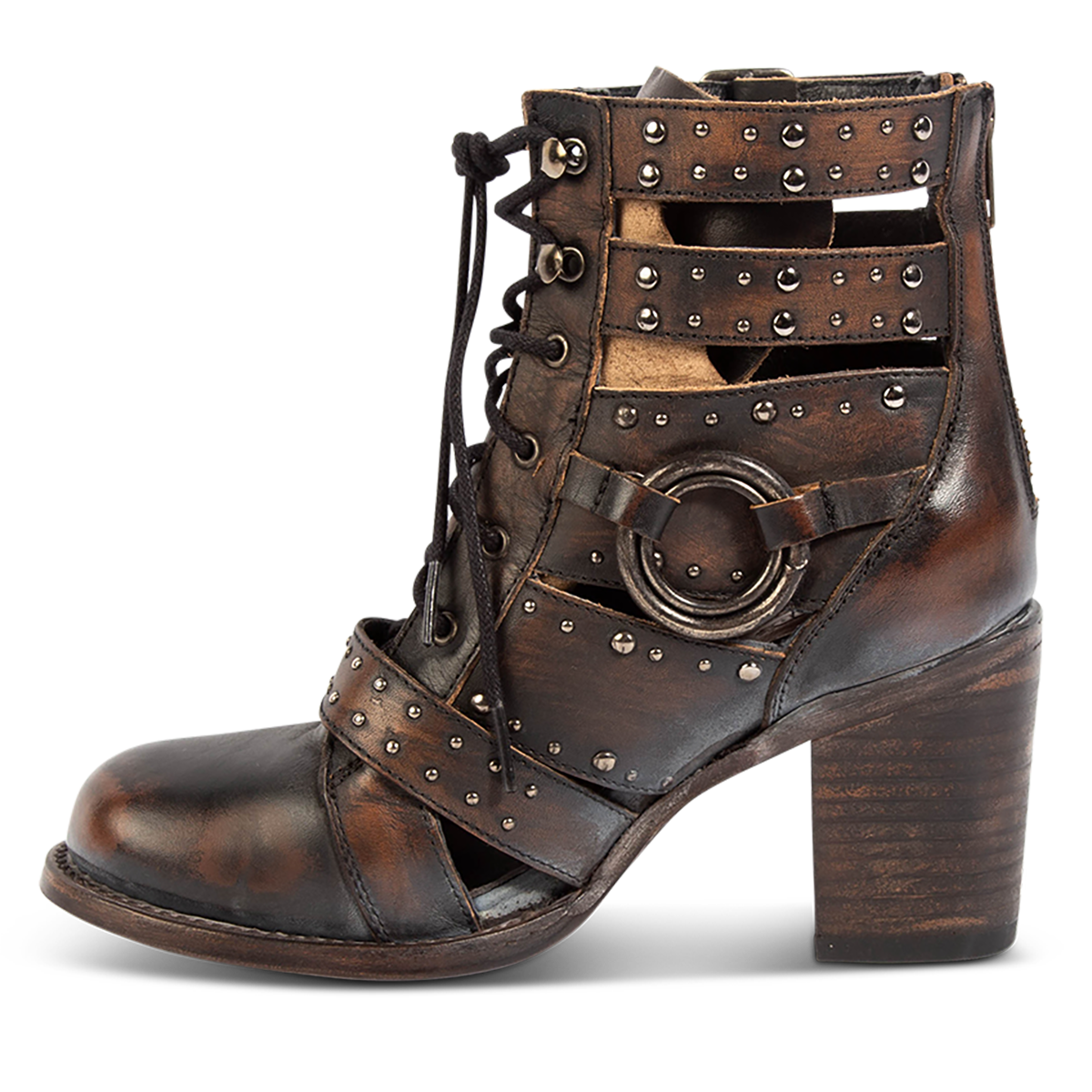 Inside view showing FREEBIRD women's Birch black leather bootie with a stacked heel, adjustable front tie lacing, embossed studs and round toe construction