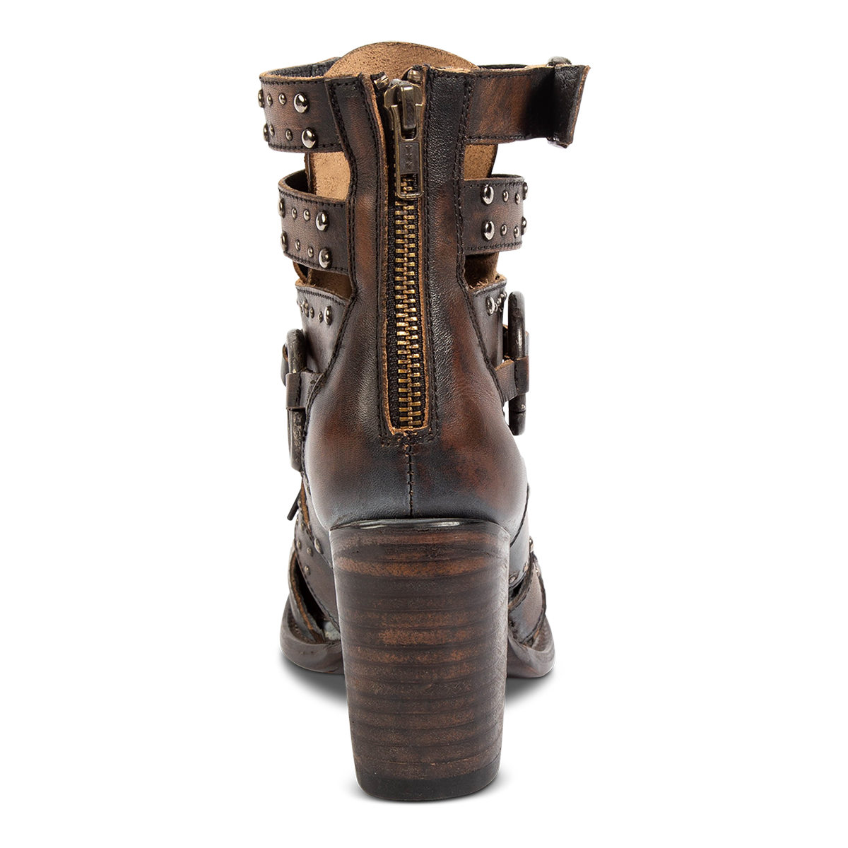 Back view showing FREEBIRD women's Birch black leather bootie with a working back zipper, stacked heel and embossed studs