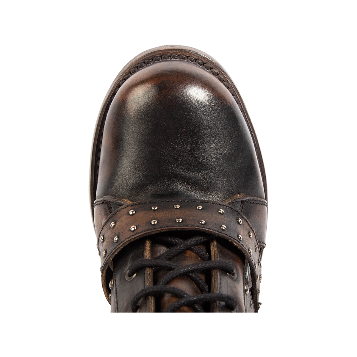 Top view showing a rounded toe construction on FREEBIRD women's BIRCH black leather bootie with stud embellishments and adjustable front tie lacing