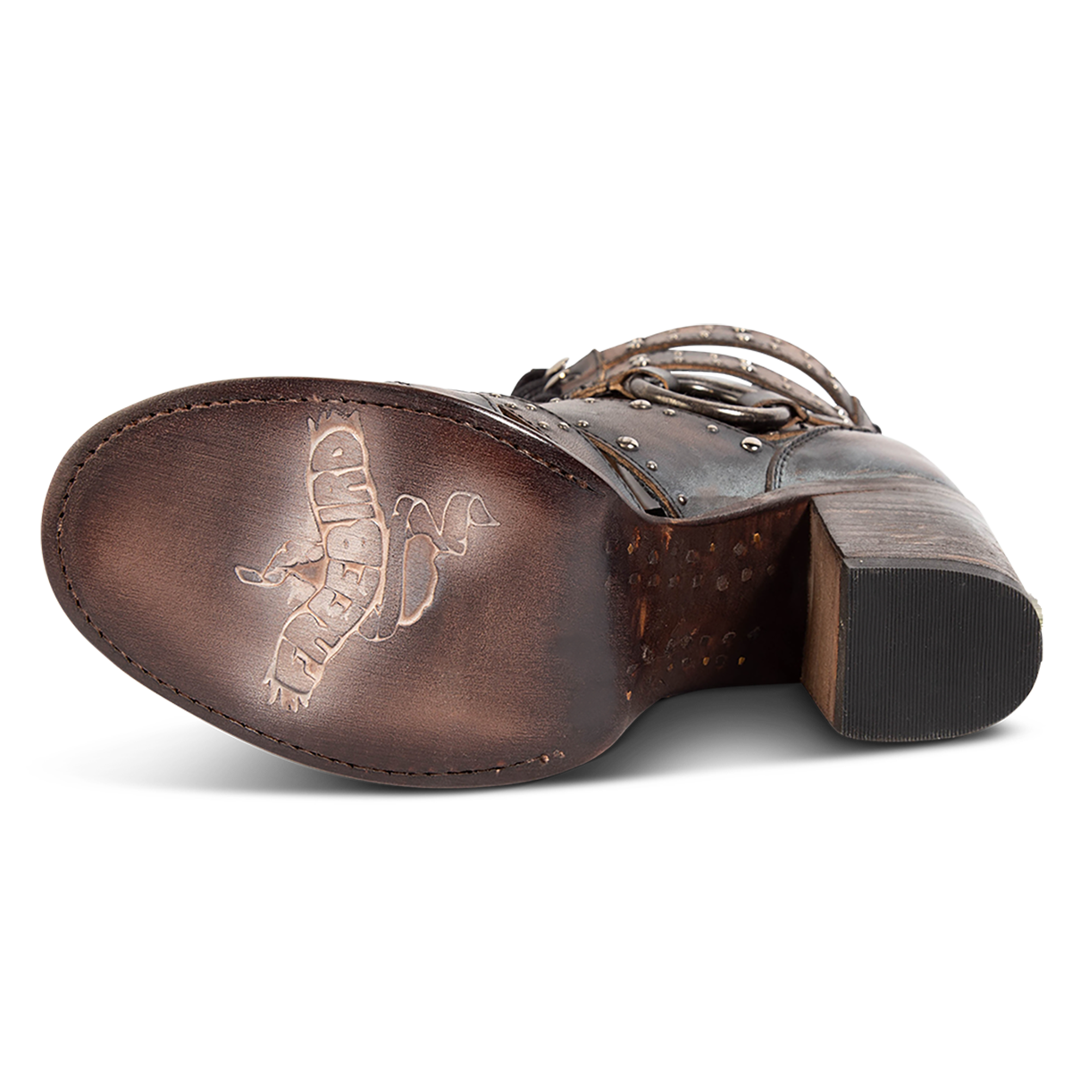 Leather sole imprinted with FREEBIRD on women's BIRCH black leather bootie