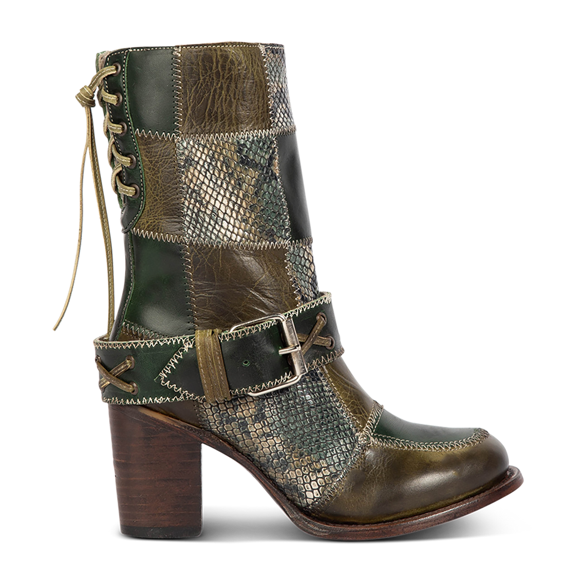 BIRDIE Patchwork Leather Booties Green Snake Multi | Freebird Stores ...