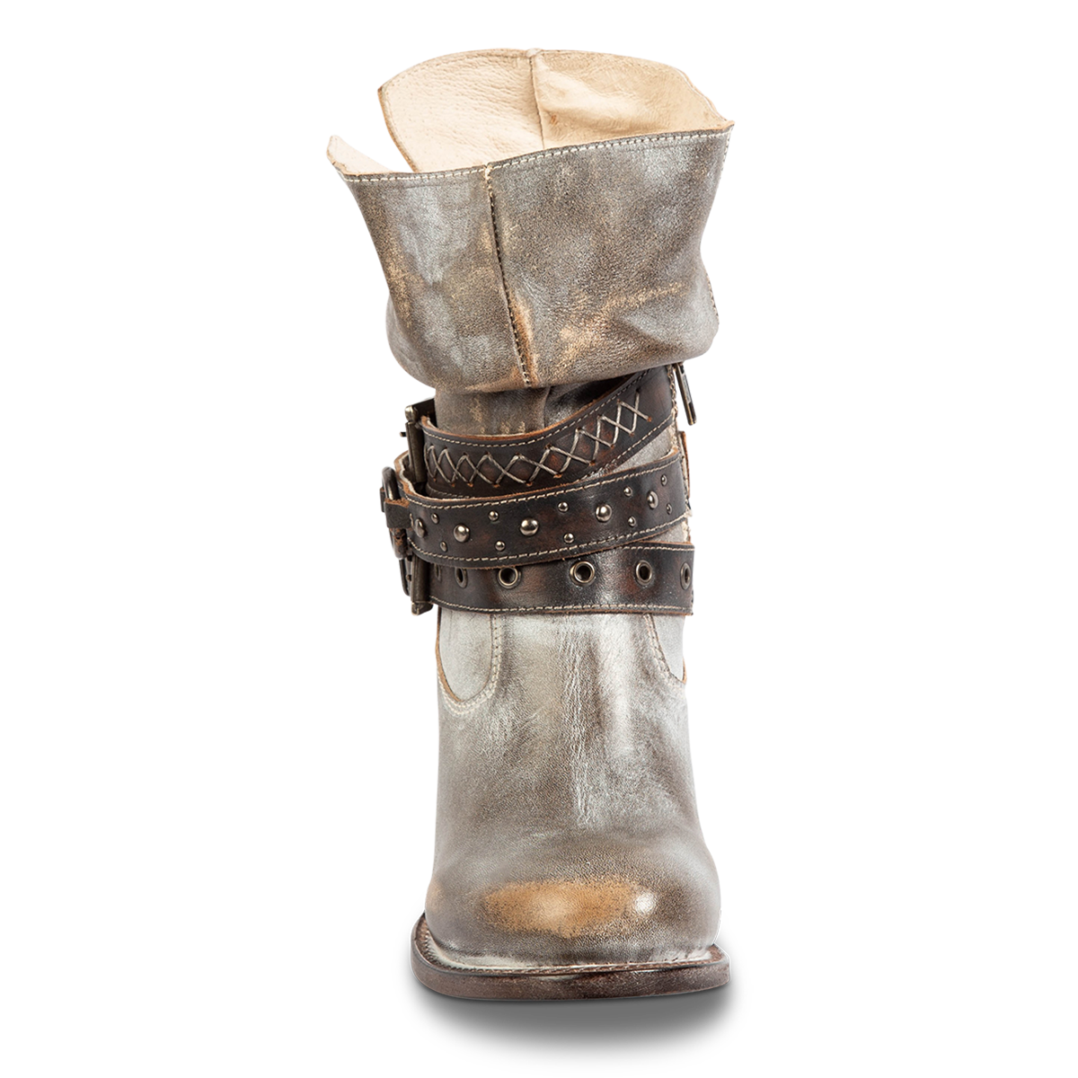 Front view showing a slouchy shaft, adjustable belts and round toe construction on FREEBIRD women's BLAINE ice leather bootie