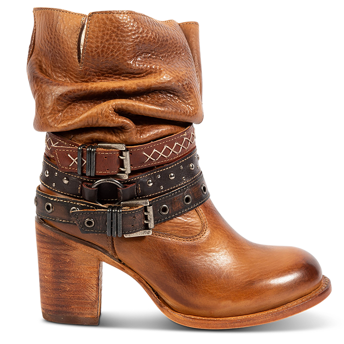 FREEBIRD women's Blaine tan leather bootie with adjustable shaft belts, round toe construction and inside working zipper