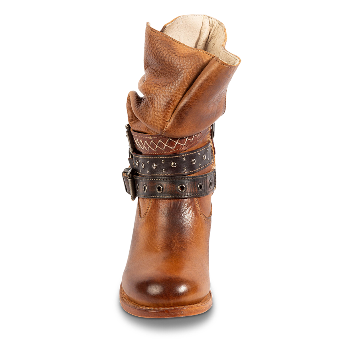 Front view showing a slouchy shaft, adjustable belts and round toe construction on FREEBIRD women's BLAINE tan leather bootie