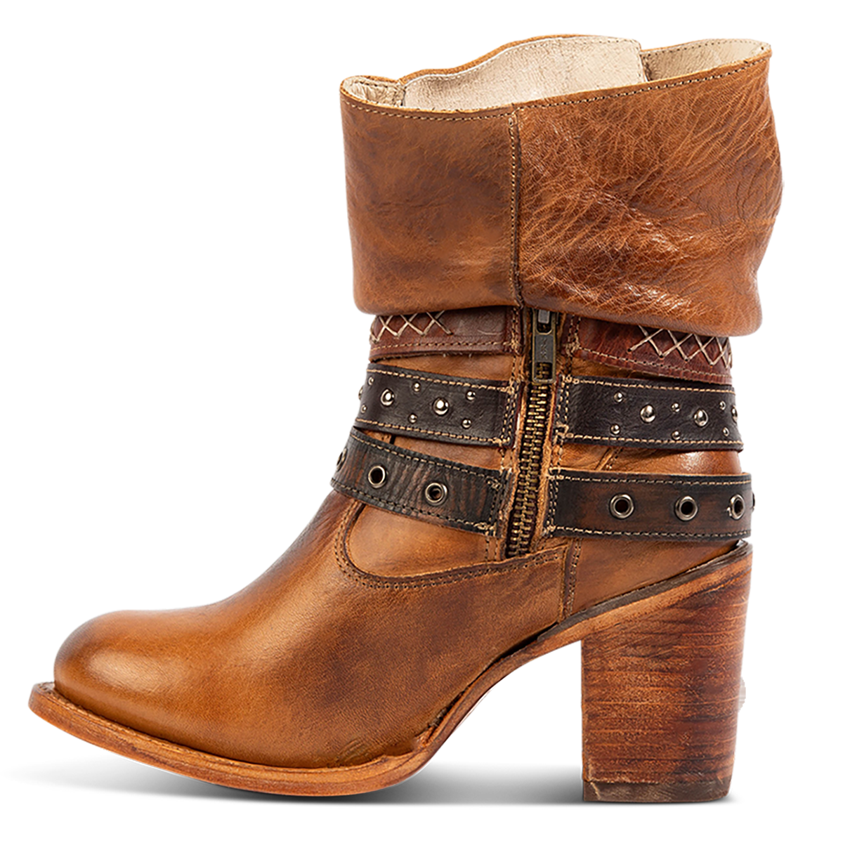 Inside view showing a working brass zipper, slouchy shaft and stacked heel on FREEBIRD women's Blaine tan leather bootie