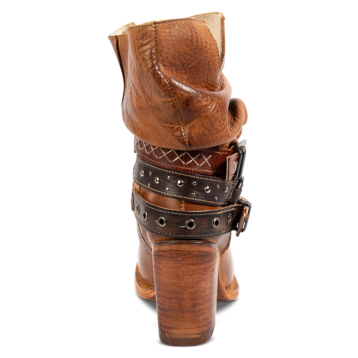 Back view showing FREEBIRD women's Blaine tan leather bootie with a slouchy shaft, adjustable belts and stacked heel