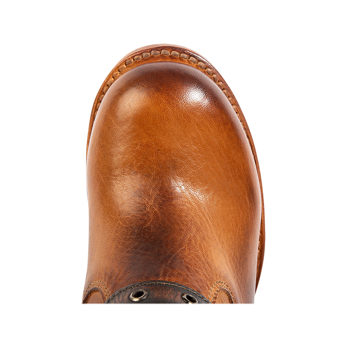 Top view showing a rounded toe on FREEBIRD women's Blaine tan leather bootie