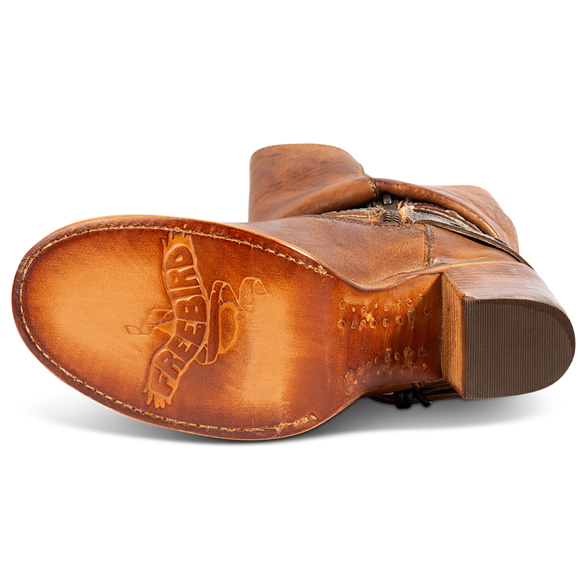Leather sole imprinted with FREEBIRD on women's Blaine tan leather bootie