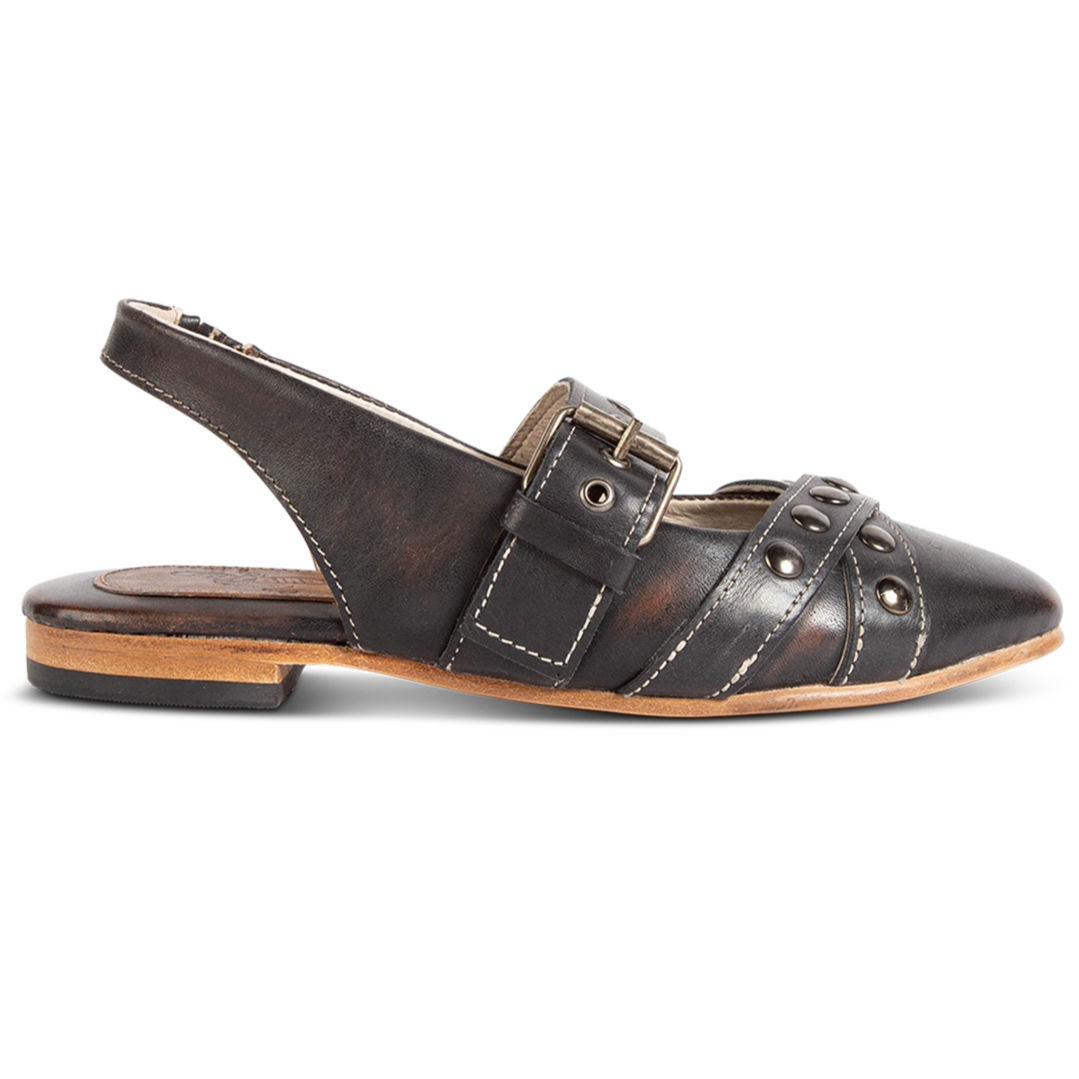 FREEBIRD women's Blair black sling back ballet flat shoe featuring adjustable buckles, low heel, and a soft pointed toe