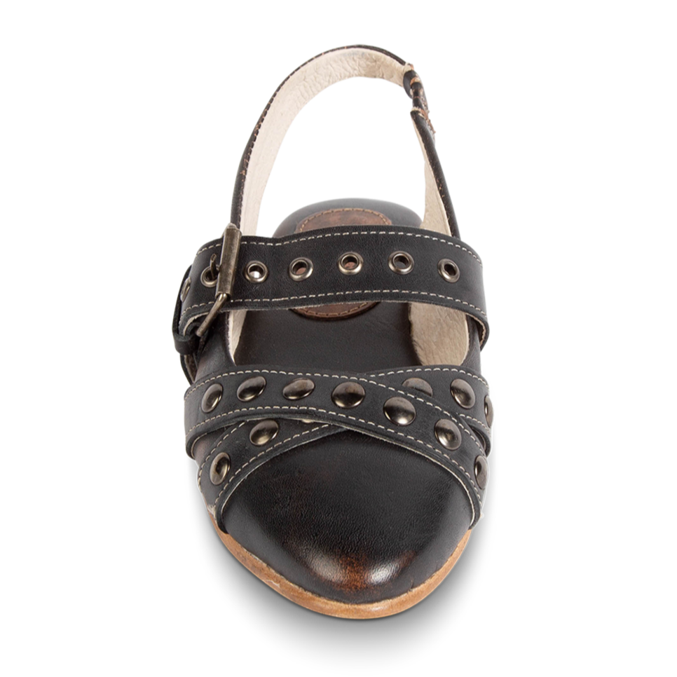 Front view showing adjustable buckle on FREEBIRD women's Blair black sling back ballet flat shoe featuring a low heel and soft pointed toe