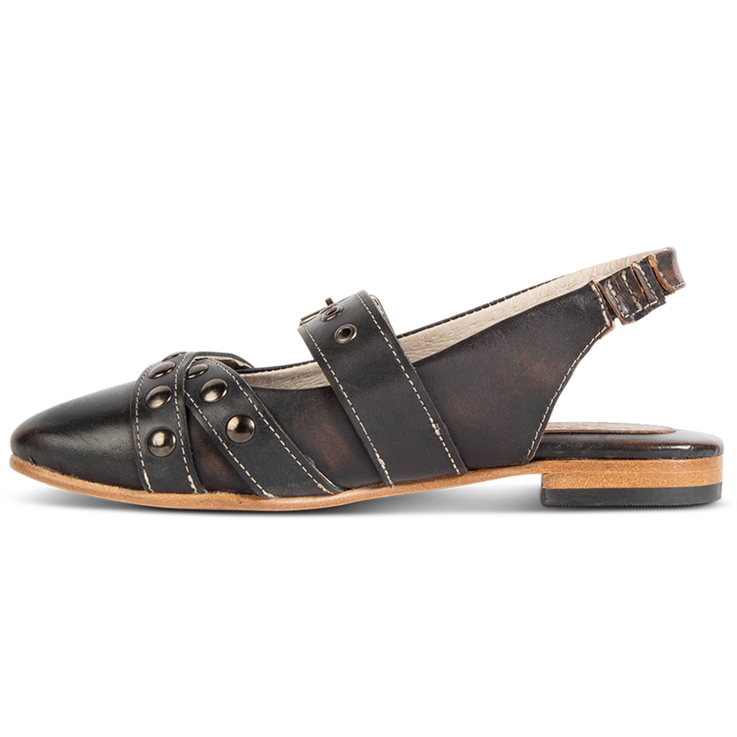 Inside view showing stud detailing on FREEBIRD women's Blair black sling back ballet flat shoe featuring a low heel and soft pointed toe