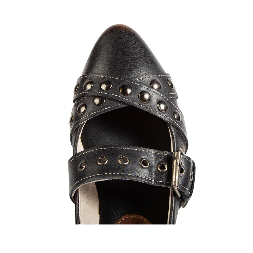 Top view showing soft pointed toe on FREEBIRD women's Blair black sling back ballet flat shoe featuring stud detailing adjustable buckle