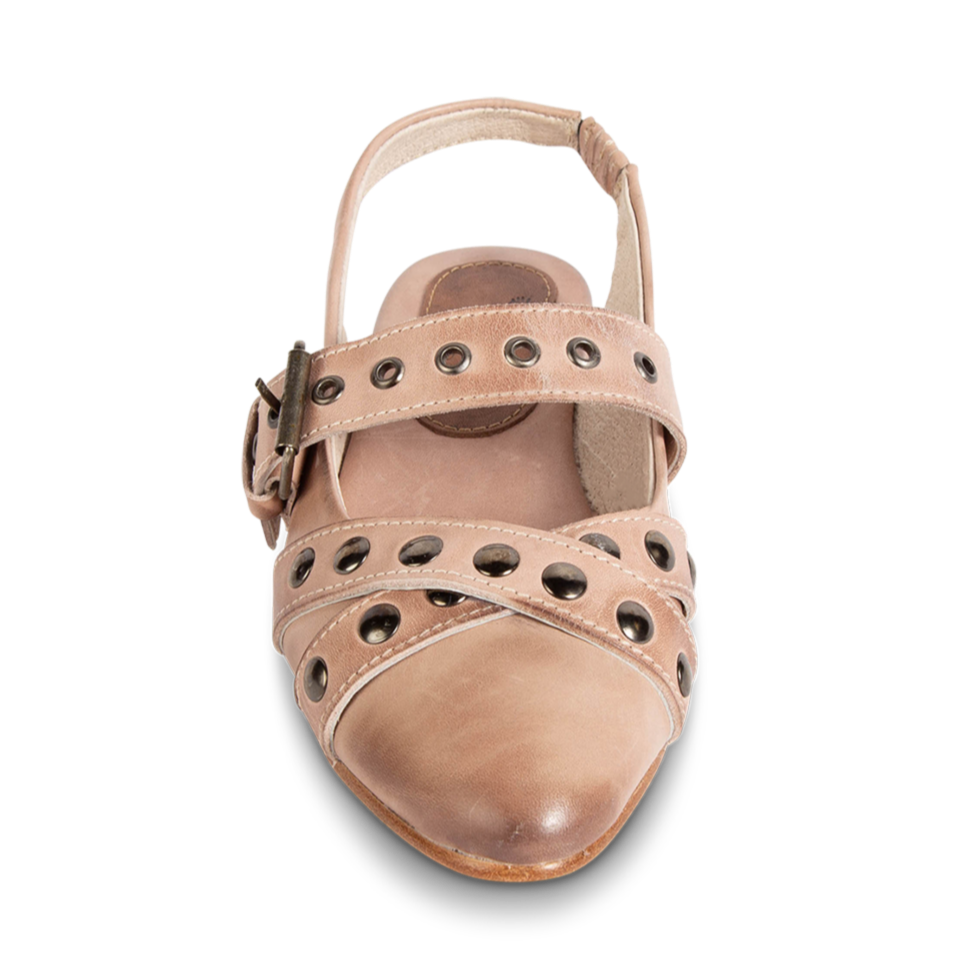 Front view showing adjustable buckle on FREEBIRD women's Blair blush sling back ballet flat shoe featuring a low heel and soft pointed toe