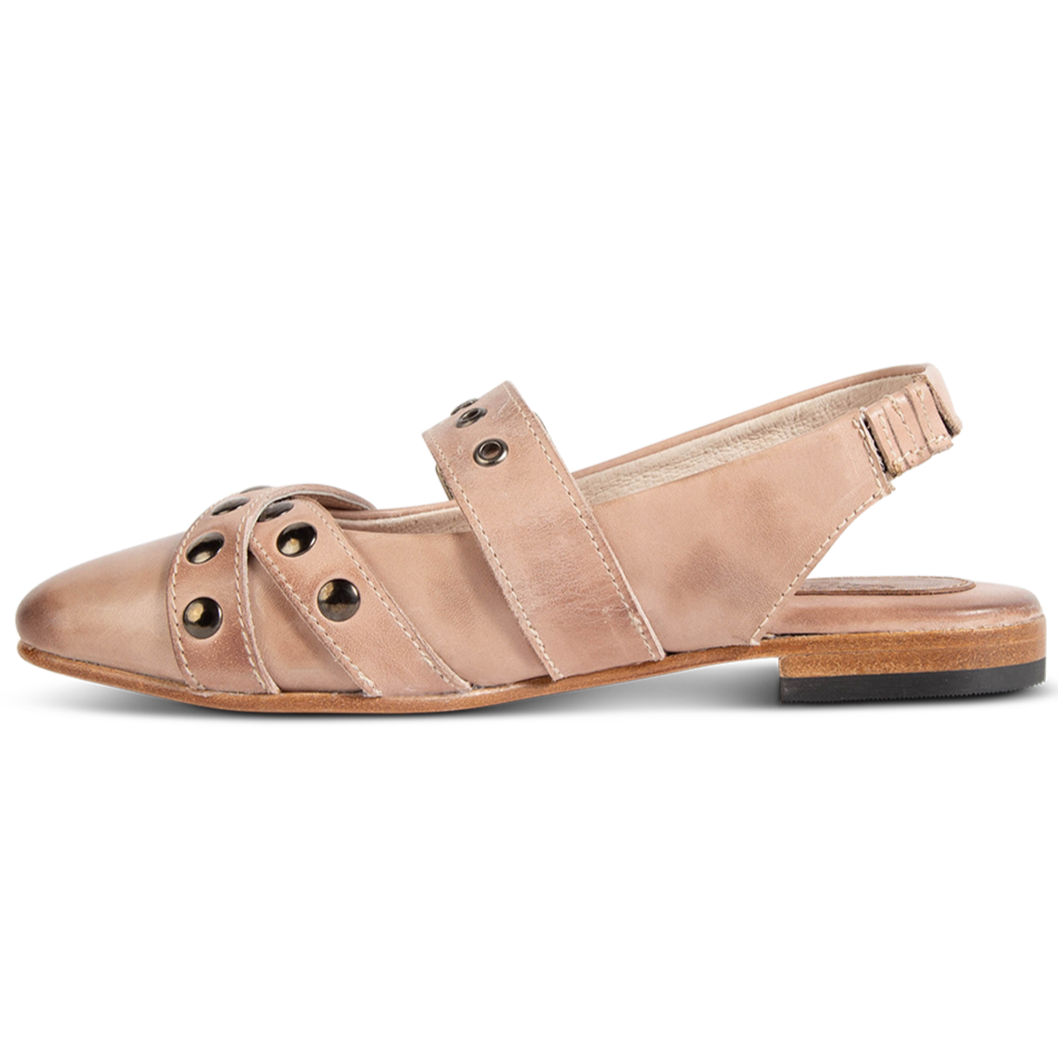 Inside view showing stud detailing on FREEBIRD women's Blair blush sling back ballet flat shoe featuring a low heel and soft pointed toe