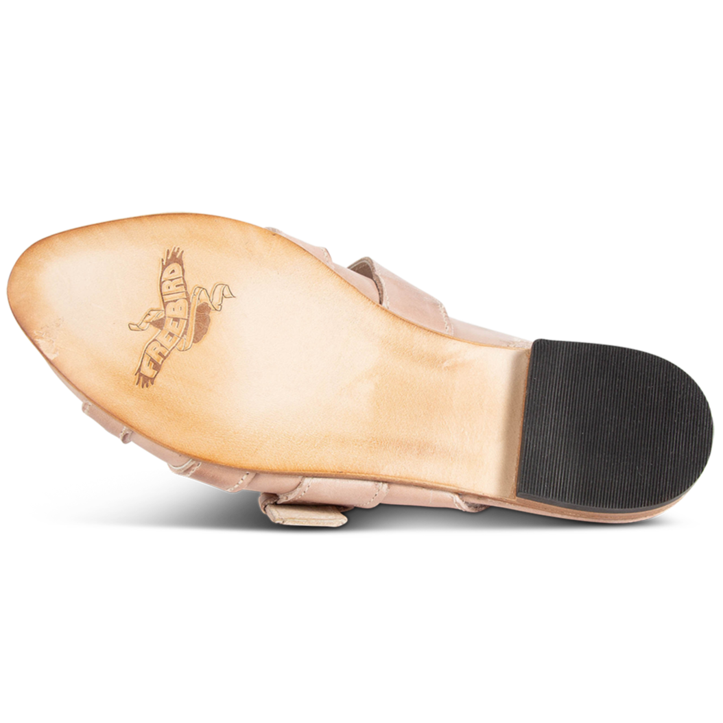 Leather sole imprinted with FREEBIRD on women's Blair black sling blush ballet flat shoe with stud detailing and pointed toe