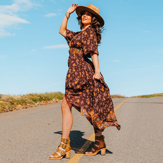 FREEBIRD women's Blake wheat sandal with thick straps, metal eyelets and high-heel lifestyle