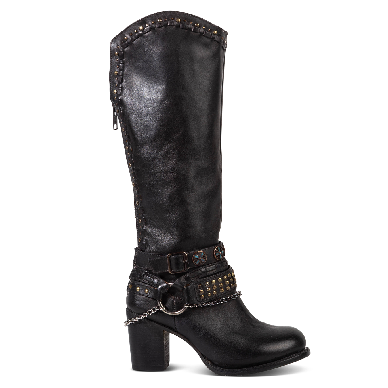 FREEBIRD women's Blakely black heeled tall boot with shaft detailing, layered decretive ankle harnesses, and back zip closure 
