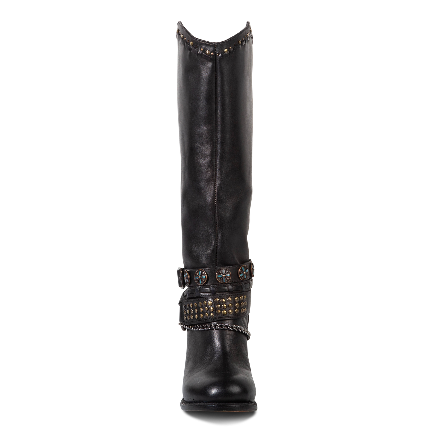 Front view showing tall shaft construction and layered ankle harnesses with metal accents on FREEBIRD women's Blakely black boot